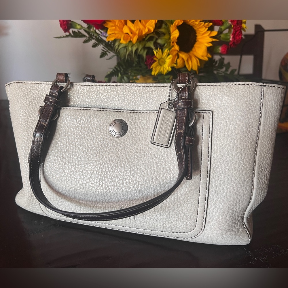 Coach White Pebbled Leather Shoulder Bag with Brown Handles